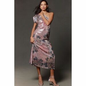ANTHROPOLOGIE Pink Porridge One Shoulder Floral Sequin Maxi Dress Shimmer NWT